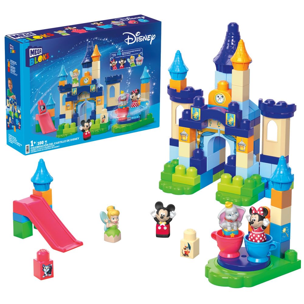 Two children playing with the MEGA BLOKS Disney Celebration Castle