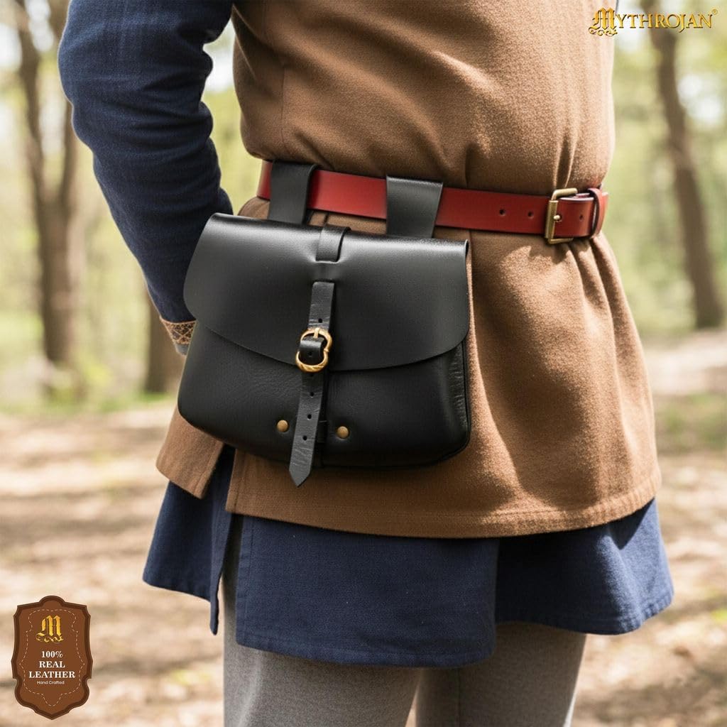 Medieval Leather Belt Pouch Vintage Waist Bag for LARP, Renaissance Fairs, Costumes, Cellphone Holder, Travel Wallet, Fanny Pack, Holster Purse Durable & Stylish Pouch - Black, 6.2” x 7” - Image 3