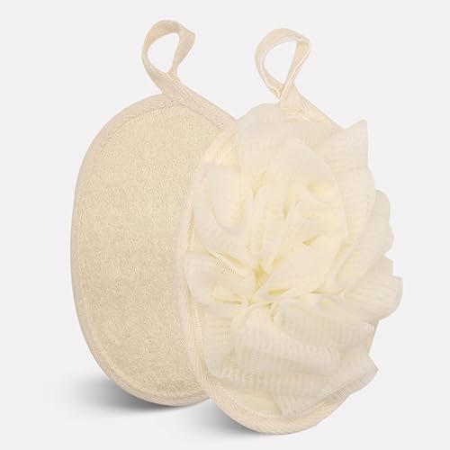 Massgiik Esponja de lufa natural grande de 5 x 7 pulgadas para hombres, exfoliante, 2 unidades exfoliante corporal de ducha de doble cara, puf de