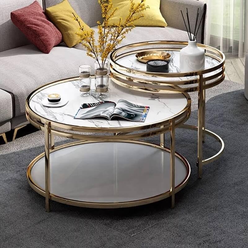 ObalTure Round Coffee Table Set of 2 for Living Room Modern Center Table Wood Surface Top & Sturdy Metal Legs Large Nesting Table for Stylish Design Home (White and Gold)