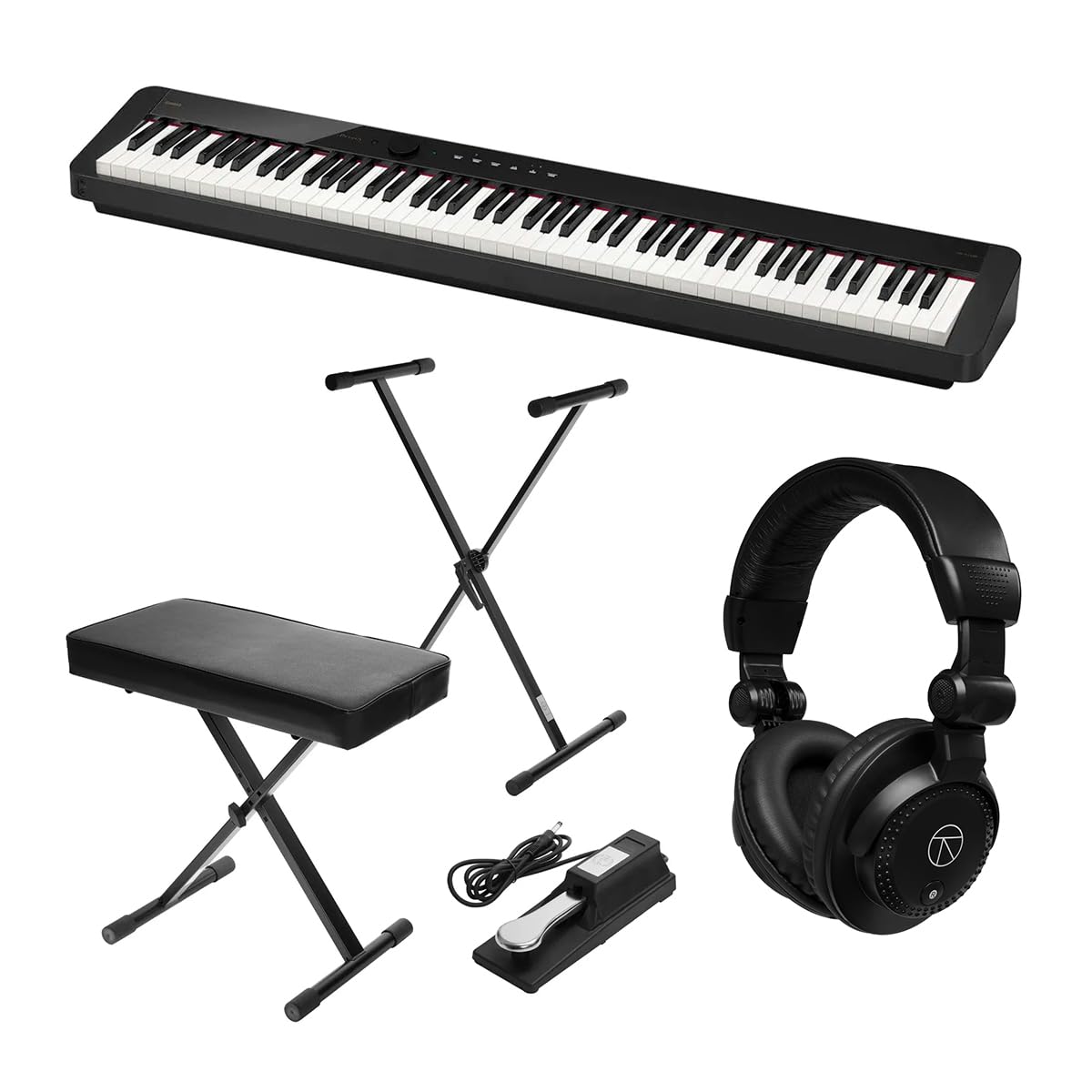 Casio PX-S1100 Privia Piano Digitale Portatile 88 Tasti con Adattatore Bluetooth, Pacchetto Nero con Auricolare da Studio, Supporto per Tastiera, Panchina, Pedale di Sostegno