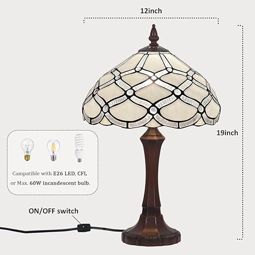 Miniatura 8 de Lámpara de mesa Tiffany, luz de mesa de vidrieras blancas, lámpara de escritorio de tamaño mediano, estilo antiguo, lámpara de lectura vintage para
