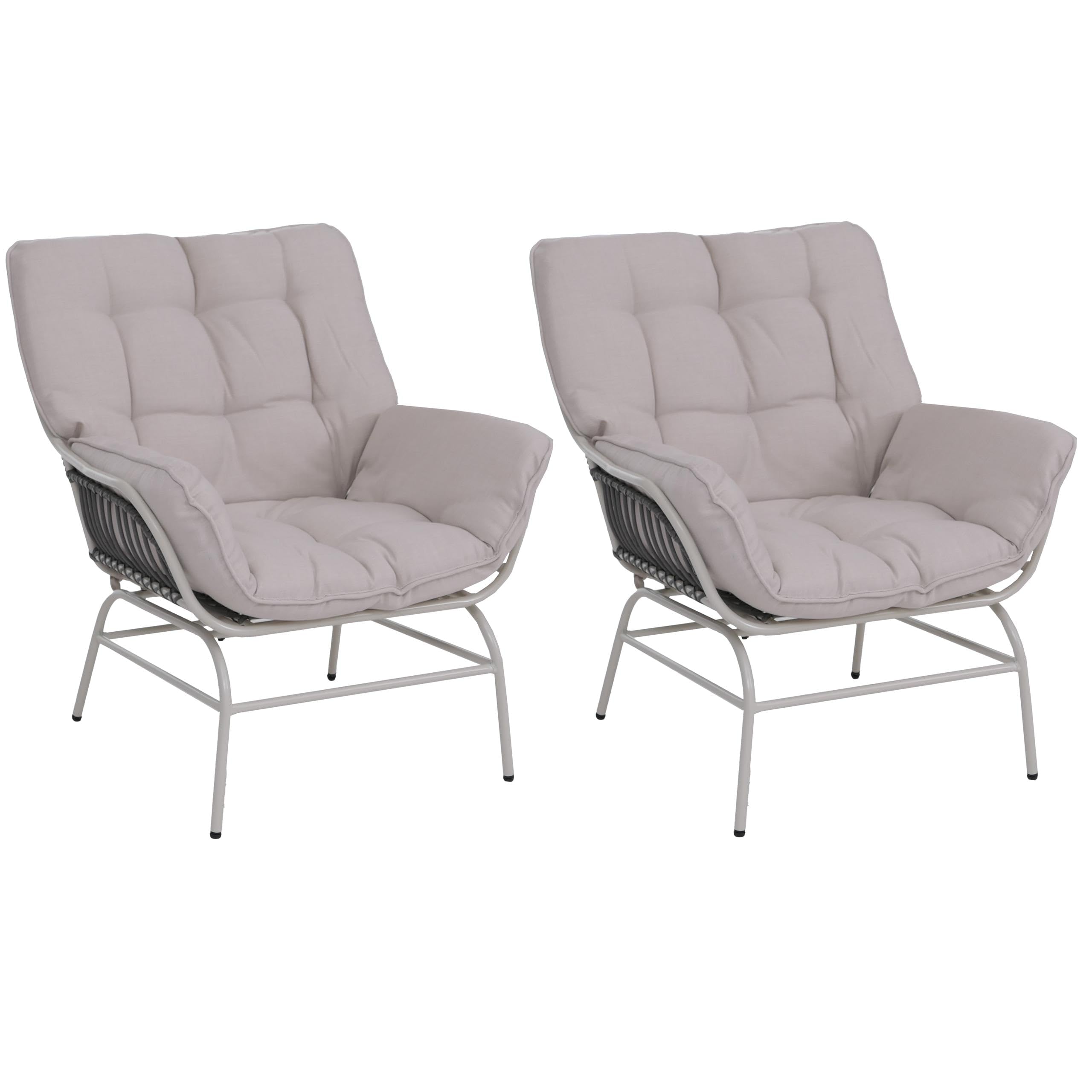 Mendler 2er-Set Gartenstuhl HWC-P75 Stoff - hellgrau, Polster beige | Gartensessel, Loungesessel, 220g/m², Poly-Rattan, Metall