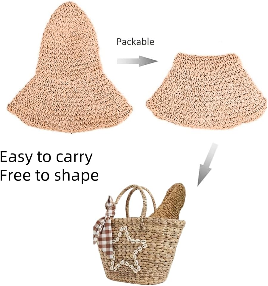 Womens Floppy Straw Sun Hat Packable Wide Brim Summer Beach Hat Foldable Crochet Bucket Hats - Image 5