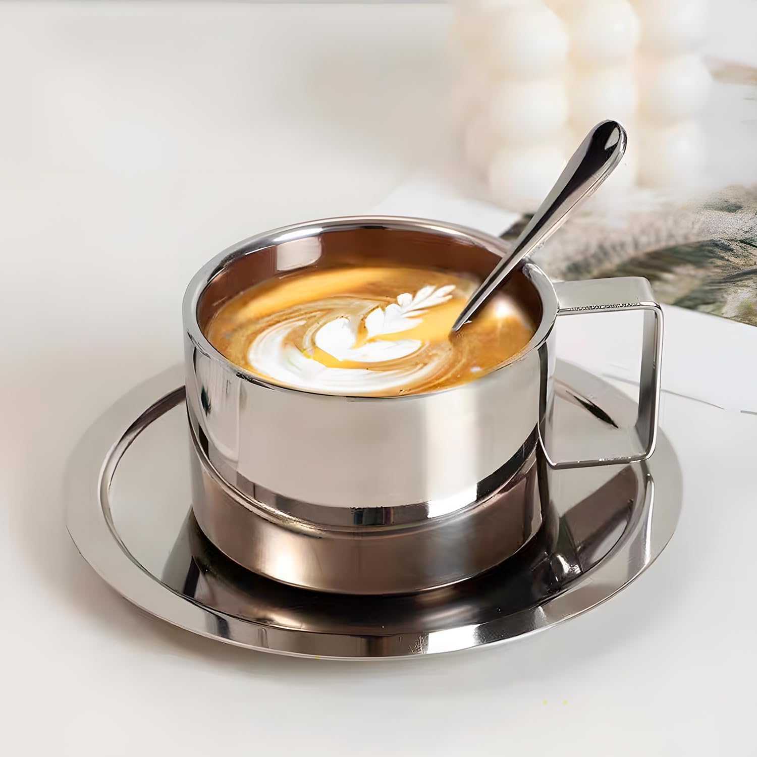 Juego de Tazas de Café Acero Inoxidable, 3 Piezas/Juego Tazas Café Espresso Aisladas, Taza Doble Pared con Asa Té Leche con Platillo Cuchara para Cafés Latte Té Leche (4 Juego)