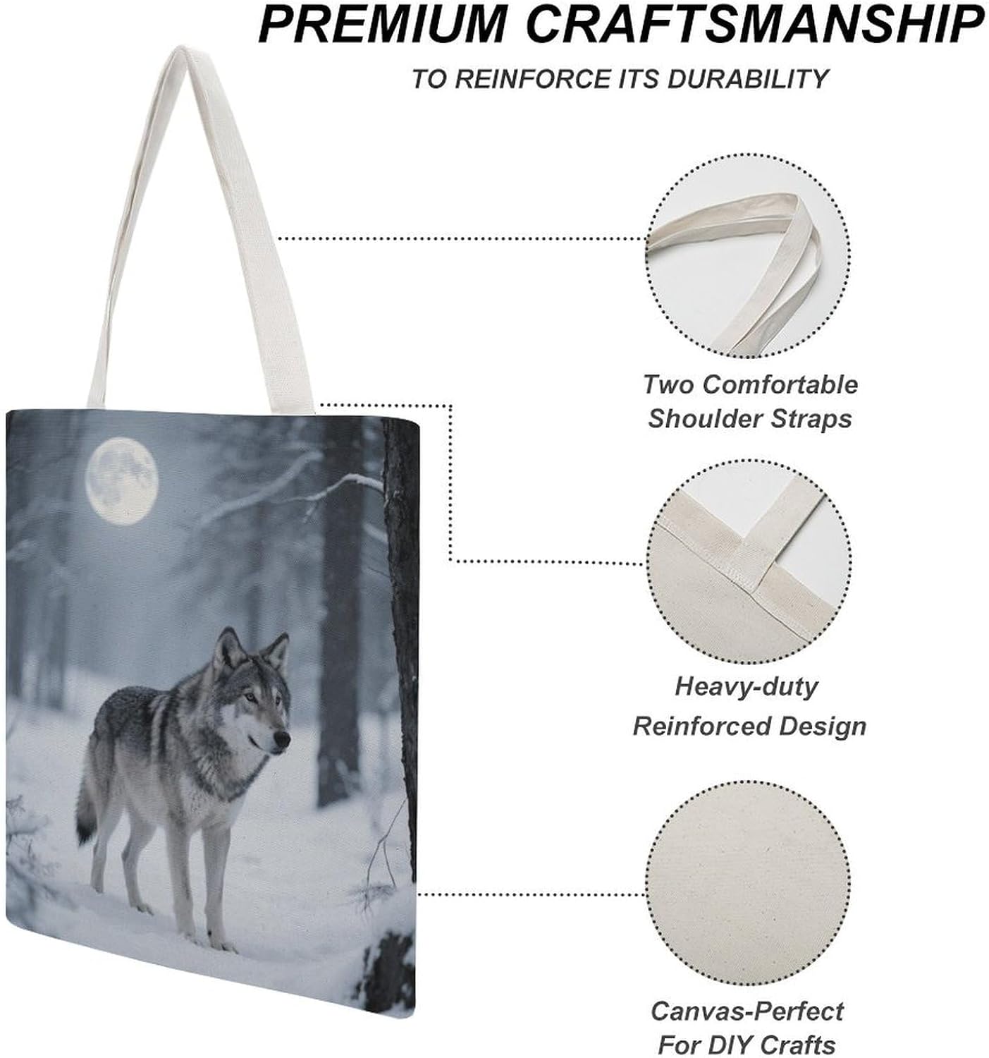 Canvas Tote Bag 16x15 In Lightweight Foldable Shoulder Hobo Purse | Wolf, Casual Tote with 10" Strap, Everyday Carryall, for Travel Work Grocery Shopping Beach Mark Gym Yoga