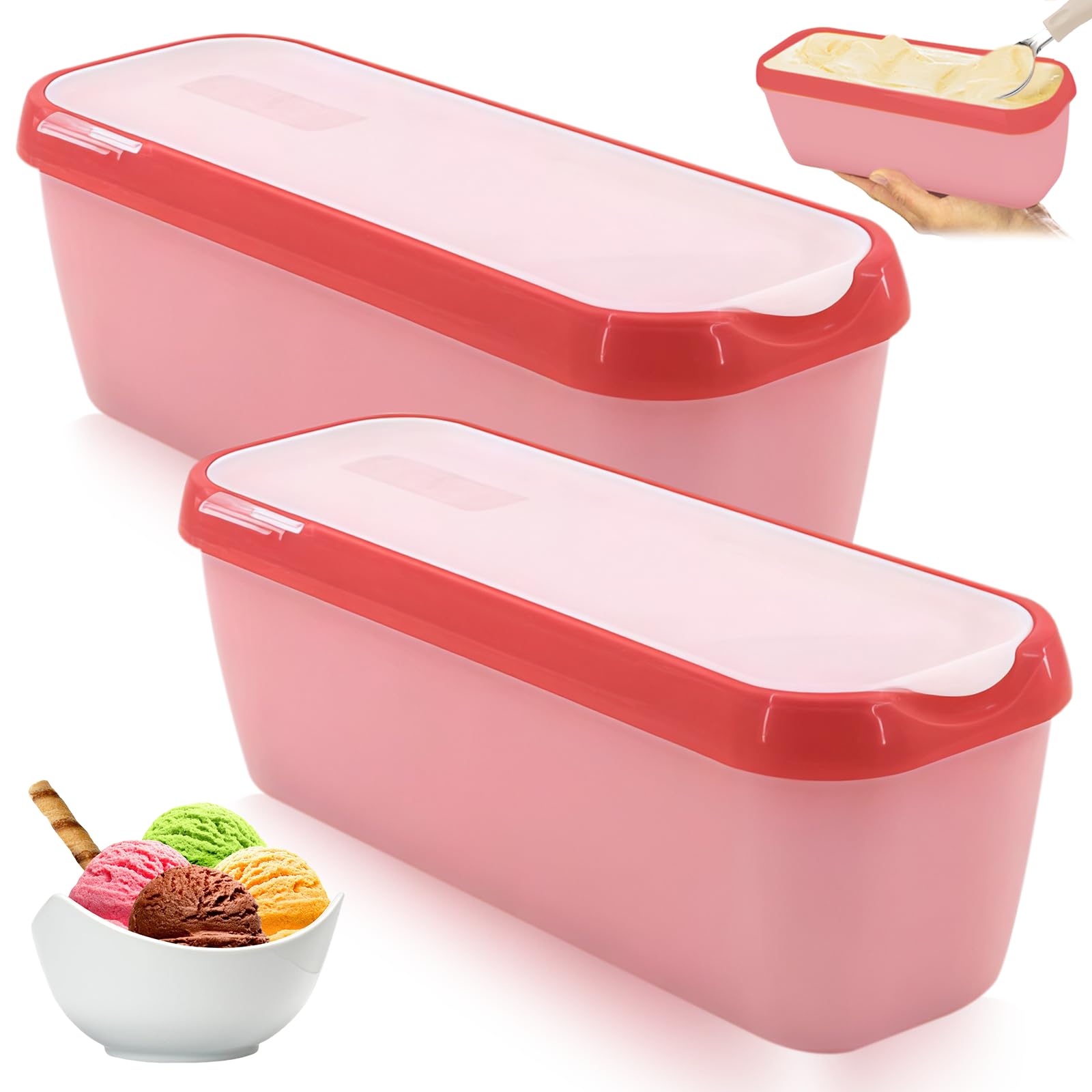 2 Stück Eisbehälter für Speiseeis 1.5L, Aufbewahrungsbehälter für Speiseeis, PP-Material Gefrierdosen 28 * 10 * 9.5cm, Wiederverwendbare Eis-Container mit Deckel (Pink)