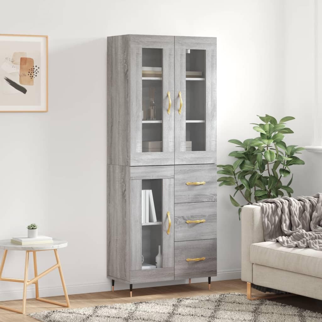 Générique Bufet wysoki szary 69,5x34x180 cm z drewna inżynieryjnego, wąski mebel do salonu z metalowymi drzwiami i nogami, duża przestrzeń do przechowywania