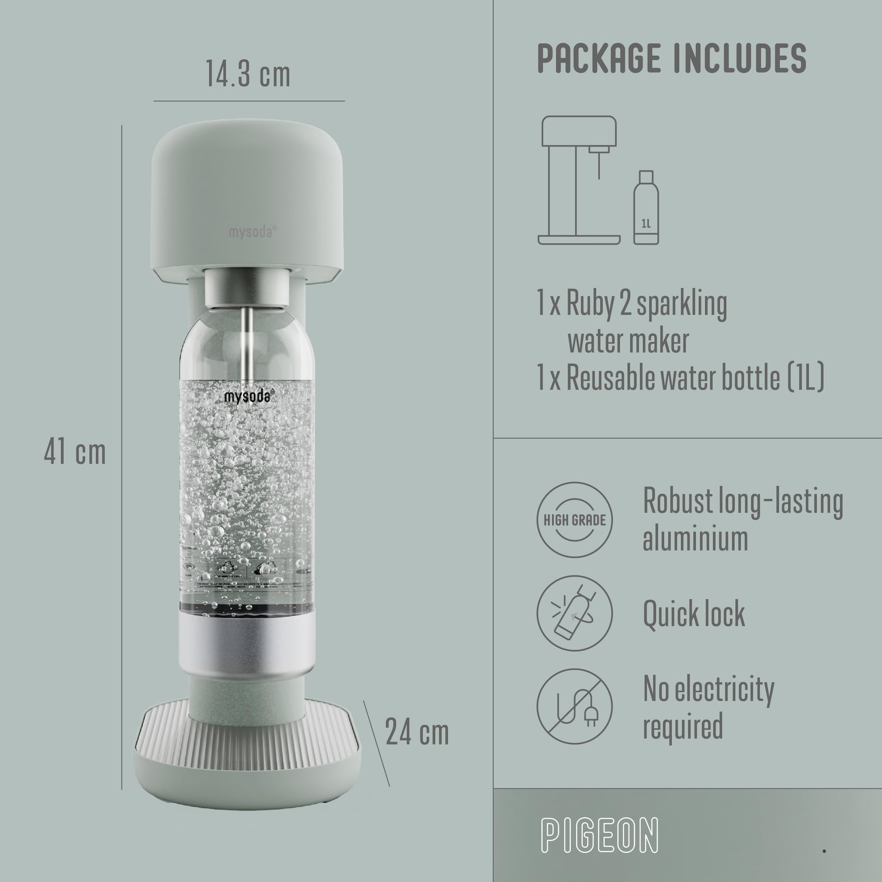Mysoda: Ruby 2 saturator na wodę z aluminium (bez cylindra CO2) z butelką na wodę premium 1 l – szałwiowy (Pigeon)