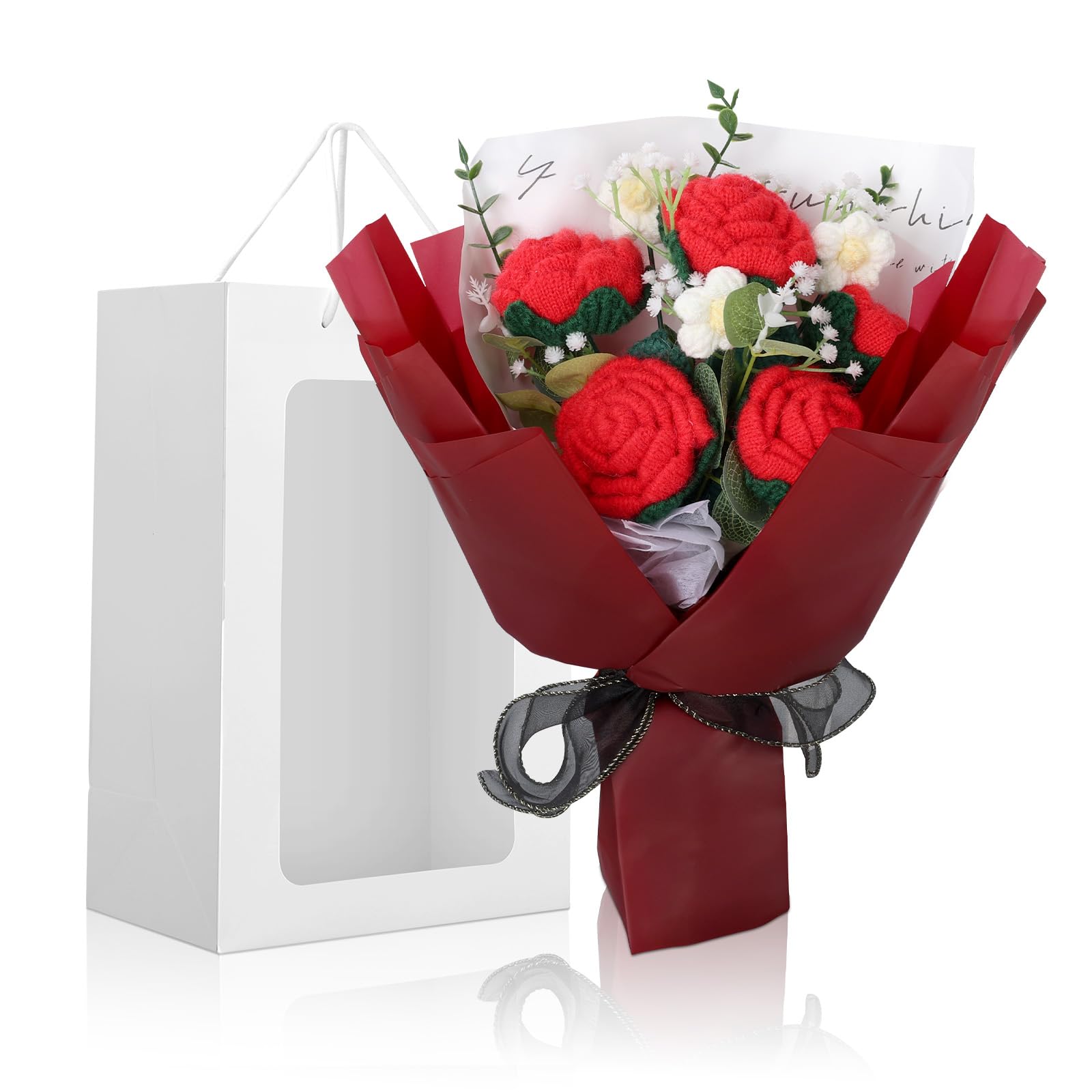 Foyucool Bouquet en Crochet Fait Main, Composition Florale Finie avec Sac Cadeau, Rose Rouge, Décoration Bureau, Idée Cadeau pour Femme