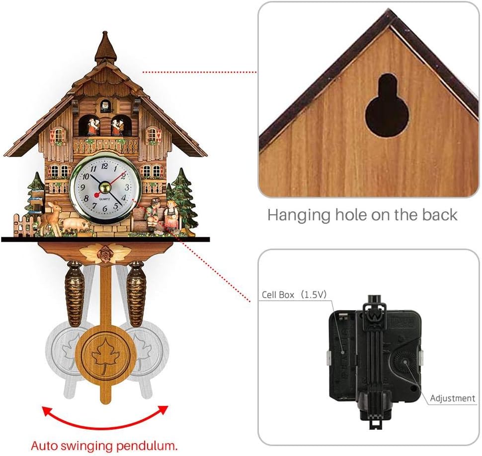 Cuckoo Clock with Cuckoo Bird Wooden Antique Birdhouse Wall Clock Hanging, Auto Swing