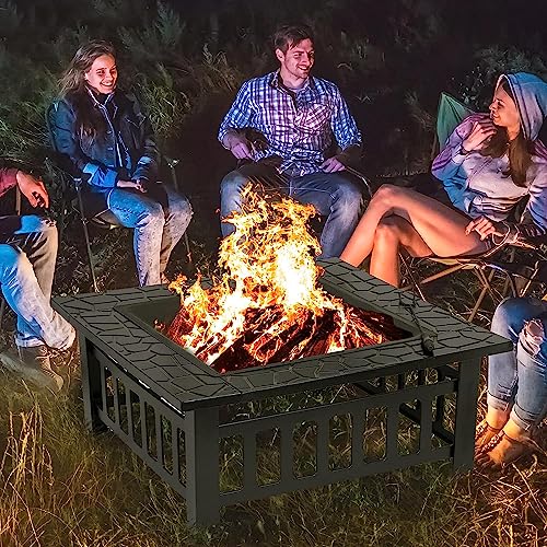 32 Inch Multifunctional Fire Pit Table Square Metal Fire Pit Stove Outdoor Warming Backyard Patio Garden Fireplace for Camping Barbecue Bonfire and Picnics, Black - Image 3