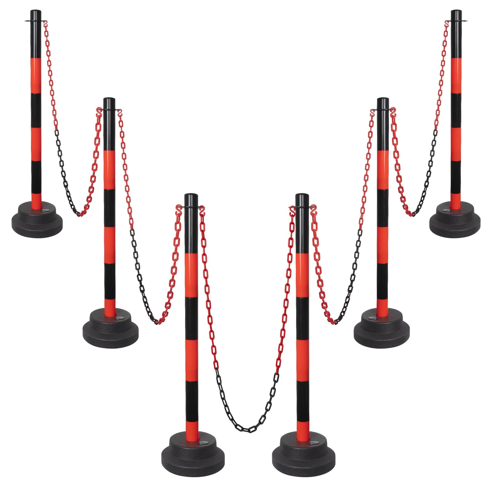 SHAREWIN Safety Delineator Posts 35'' with Weighted Base - Red Traffic Stanchions Cones 5FT Chain & S Hooks, Reflective Collar for Parking Lot, Driving School, Crowd Control, Construction Zone 6 Pack