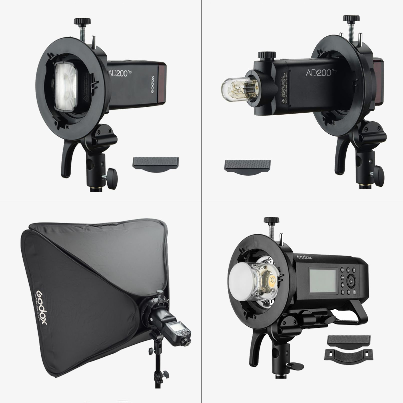 Godox S2 Bowens Support de Flash pour Godox AD200ProII AD400Pro AD300Pro AD300ProII, V1 V1Pro V100 Série, V860II, V860III, TT685II, TT350, TT600, Grande Poignée, Contrôle Précis de l'inclinaison
