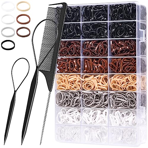 Image of TsMADDTs Small Hair Ties Set, 2000PCS Rubber Bands with Organizer Box, 7 Natural Colors Clear Black Brown, Rat Tail Comb