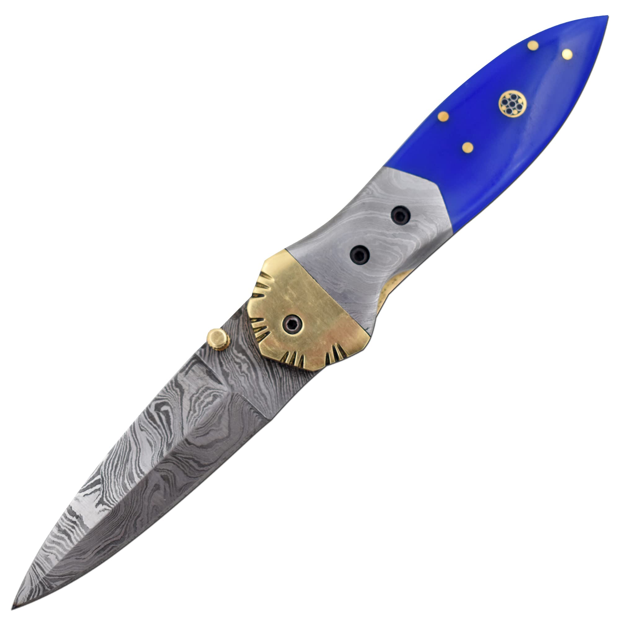 Wild Turkey Handmade Real Damascus Steel Manual Folding Pocket Knife Comes With Leather Sheath