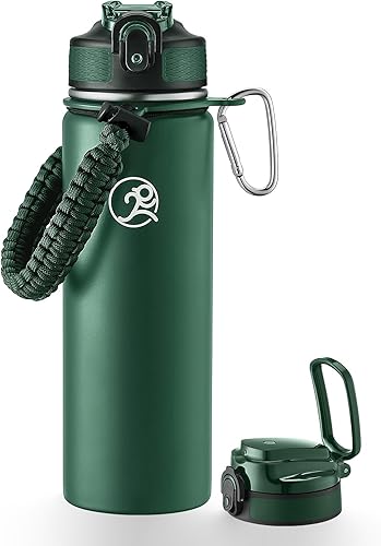Miniatura 19 de GOSWAG Botella de agua deportiva aislada, 24 onzas, 2 tapas (con pajita/sin pajita), botellas de agua de acero inoxidable con asa de paracord