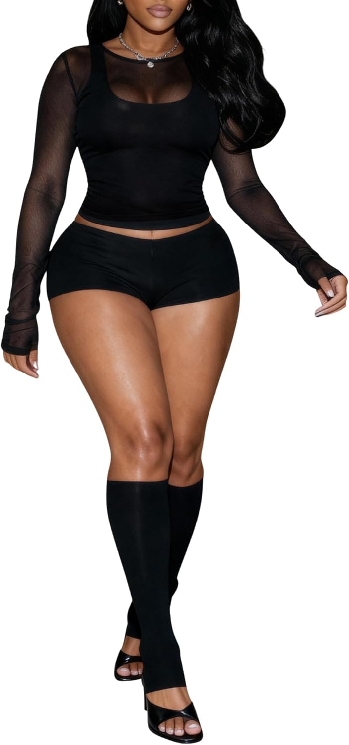 3 Piece Outfits for Women Sexy Sheer Mesh Long Sleeve Tops with Tank Bodycon Short Sets and Calf Sleeve