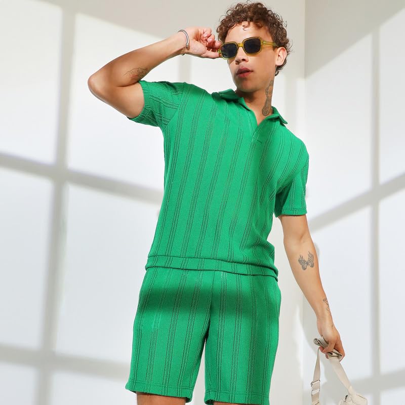 Image of CAHOOT Men's Shamrock Green Stripe-Knit Co-Ord Set For Casual Wear | Polo Neck | Short Sleeve | Pull On Closure | Co-Ords Crafted With Comfort Fit For Everyday Wear