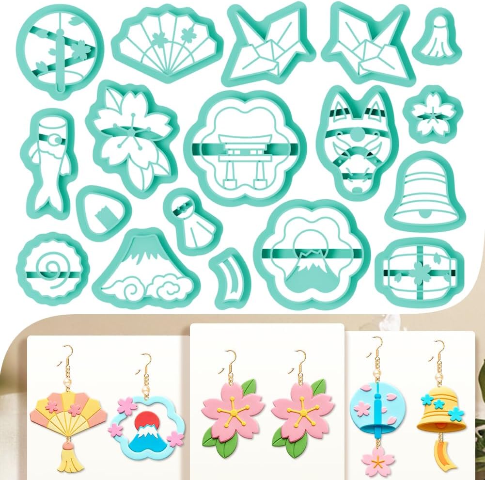 18Pcs Japanese Style Polymer Clay Cutters Set Clay Earrings Cutters for Adults Polymer Jewelry Cutter with Earrings Accessories DIY Craft Supplies