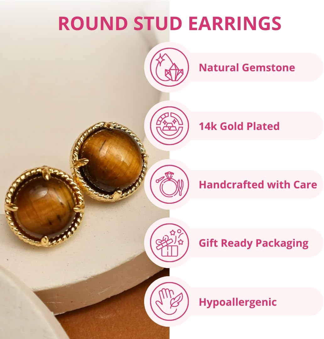 Gempires Natural Round Stud Earrings For Women Trendy Fashion Jewelry Hypoallergenic Gold Plated Dainty Post Earrings Everyday Wear - Image 4