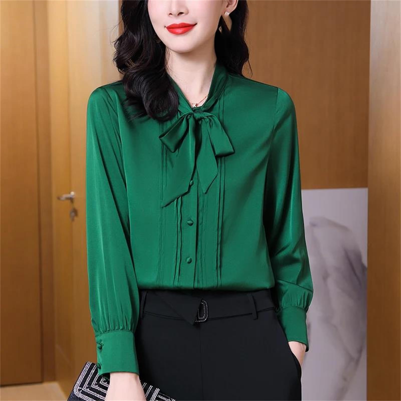 Camisa de moda para mujer, con lazo, de manga larga, de seda, para oficina, color liso