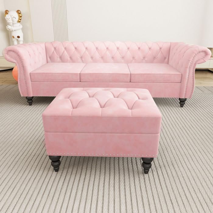 Image of Chesterfield Velvet 3 Seater Round Arm Sofa + Ottoman Modern Sofa for Your Loving Space, Bedroom, Living Room, Offices (Ashrose)