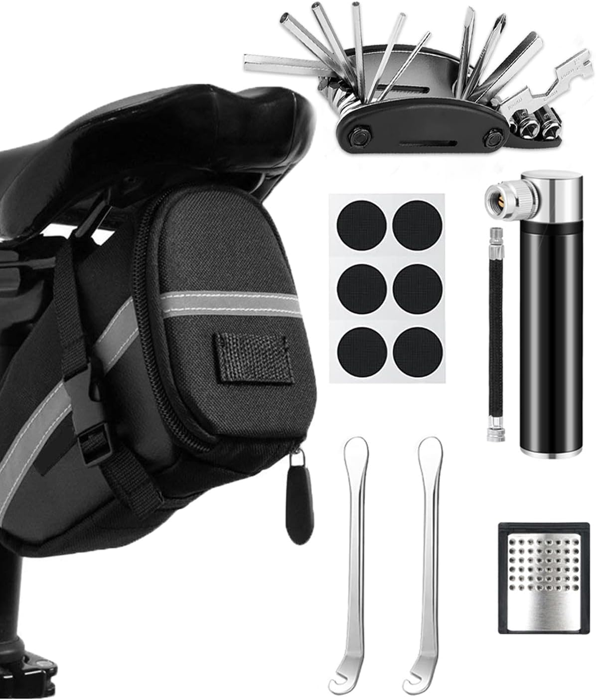Fahrrad Reparaturset mit Satteltasche, 16-in-1 Fahrrad Multitool + 120 PSI Mini-Luftpumpe, Fahrrad Werkzeugset unterwegs, Notfallwerkzeug Flickzeug | Werkzeug Set für Fahrrad, MTB