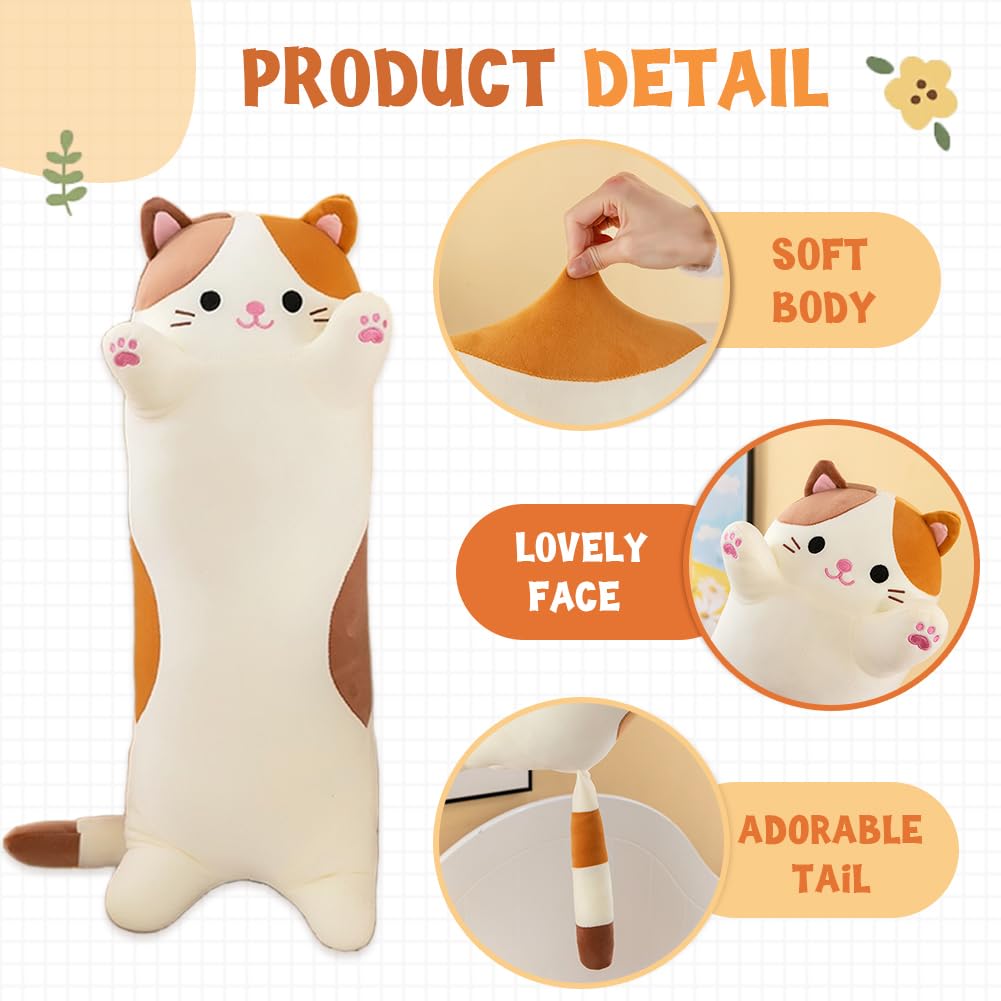Oeonuas Cute Cat Plush Long Body Pillow Cuddle Cartoon Stuffed Animals Cat Plushie Soft Doll Pillows Gifts for Kids Girls (Orange, 27"): New Gray-27 Inch