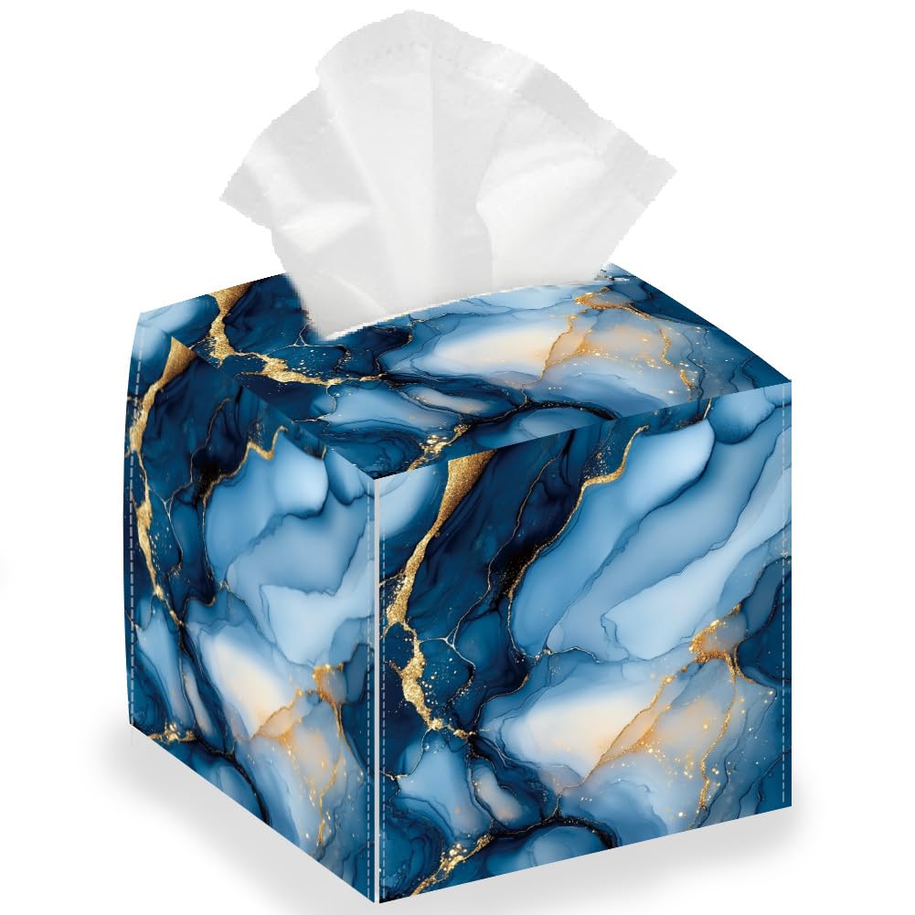 DELORIGIN Blue Marble Square Tissue Box Holder, Foldable Tissue Storage Box, Waterproof Paper Towel Case, Organizer