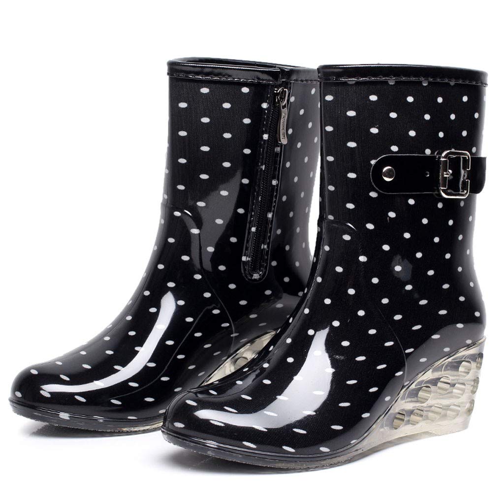 Bottes en caoutchouc compensées pour femme - Bottes en caoutchouc à plateforme mi-mollet - Imperméables et antidérapantes - Fermeture éclair latérale - Bottes de pluie confortables et tendance avec