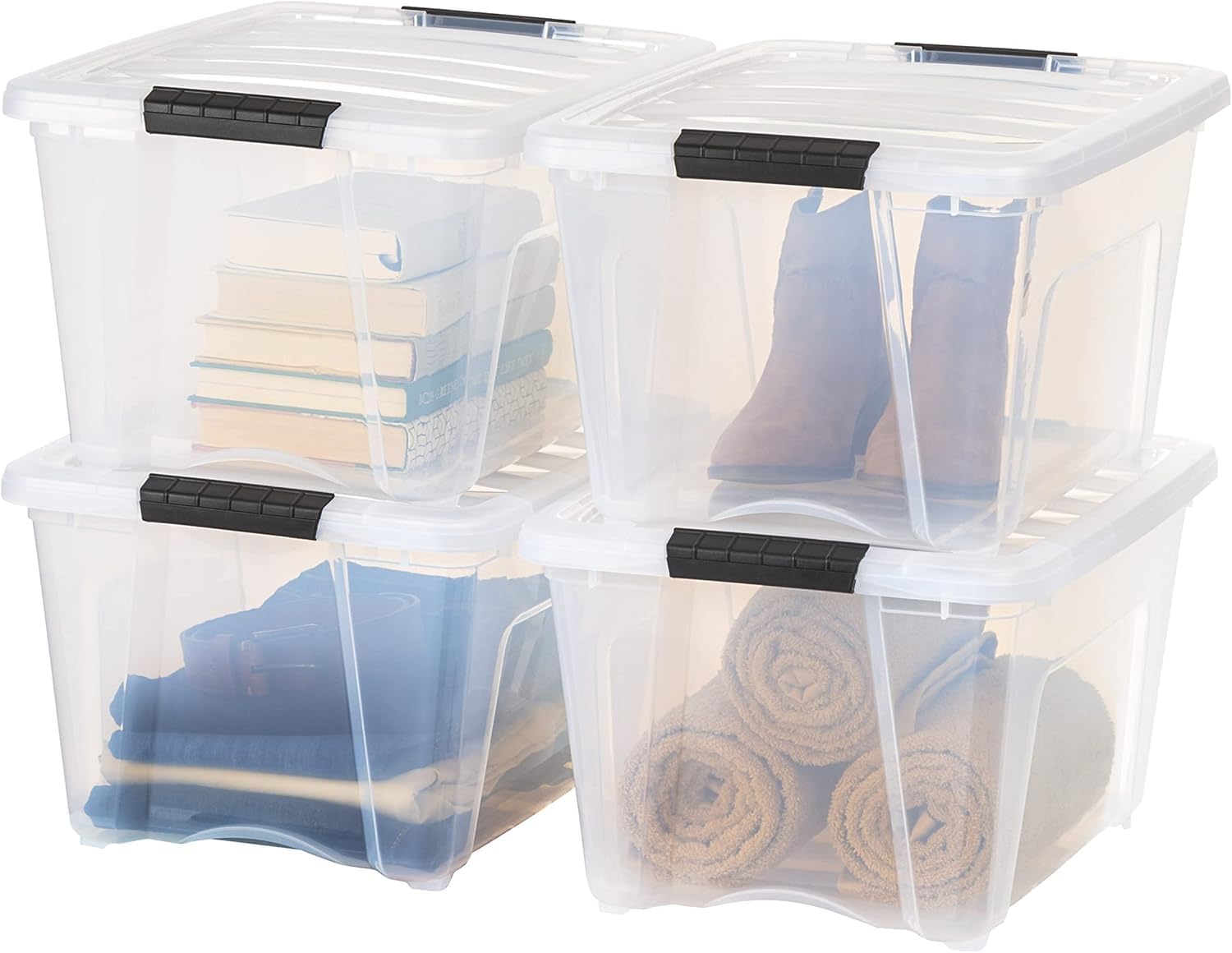 32 Qt Stackable Plastic Storage Bins with Lids, 4 Pack - BPA-Free, Made in USA - See-Through Organizing Solution, Latches, Durable Nestable Containers, Secure Pull Handle - Clear