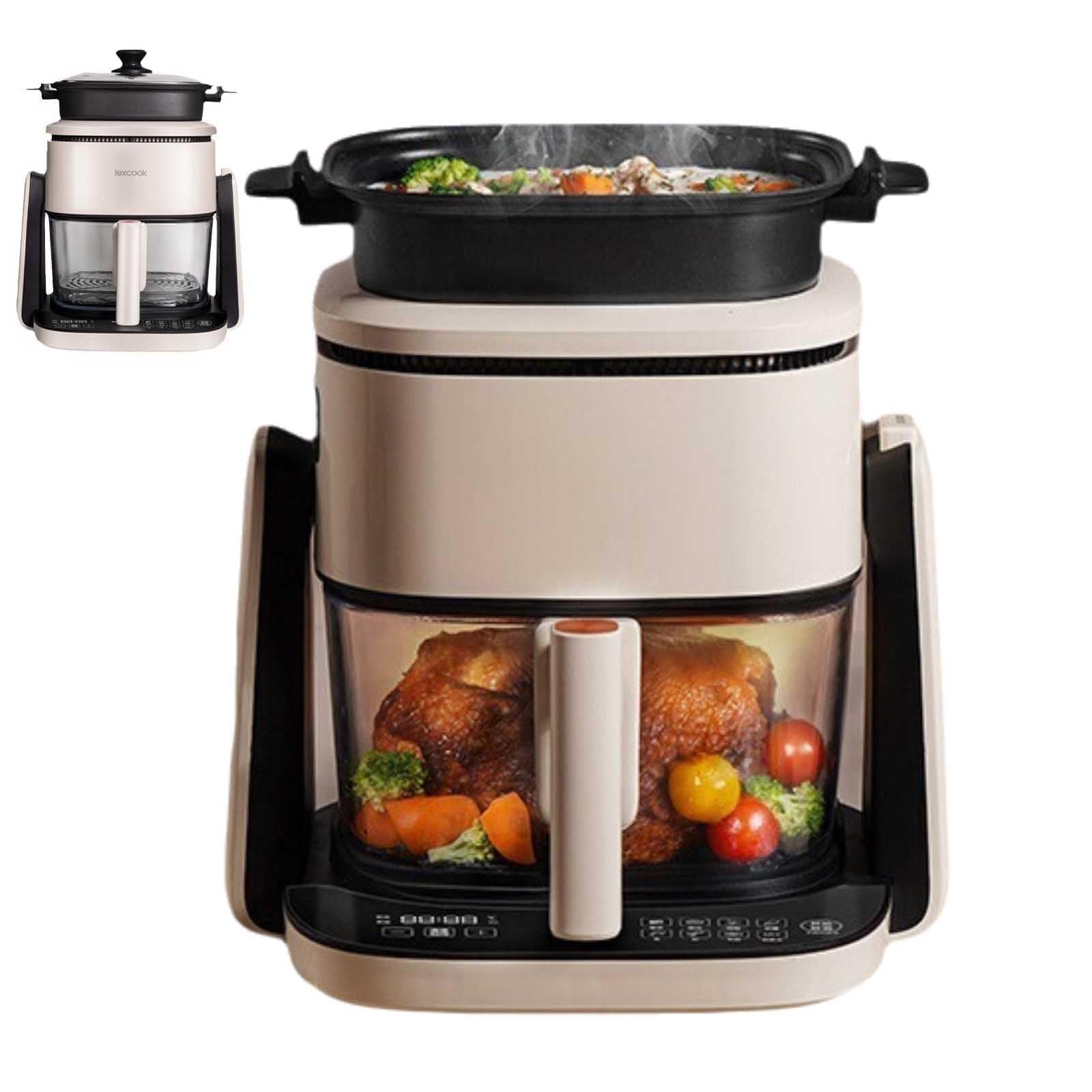 2-in-1 Air Fryer with Glass Oven, Compact 1100 W with 360° Swivel, 4 L Basket and 1 L Pan, Air Fry, Roast, Reheat, Keep Warm, Broil, Compact Design