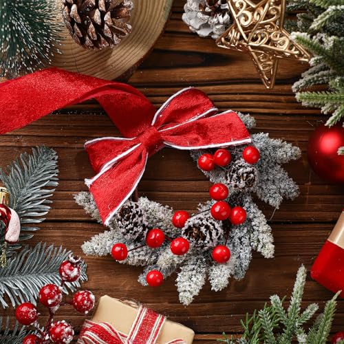 Image of Dingion 6 Pcs 6 Inch Christmas Mini Cabinet Wreaths for Kitchen with Ribbon Bows Red Berry Small Winter Window Wreath Garland for Door Window Farmhouse Christmas Party Decorations