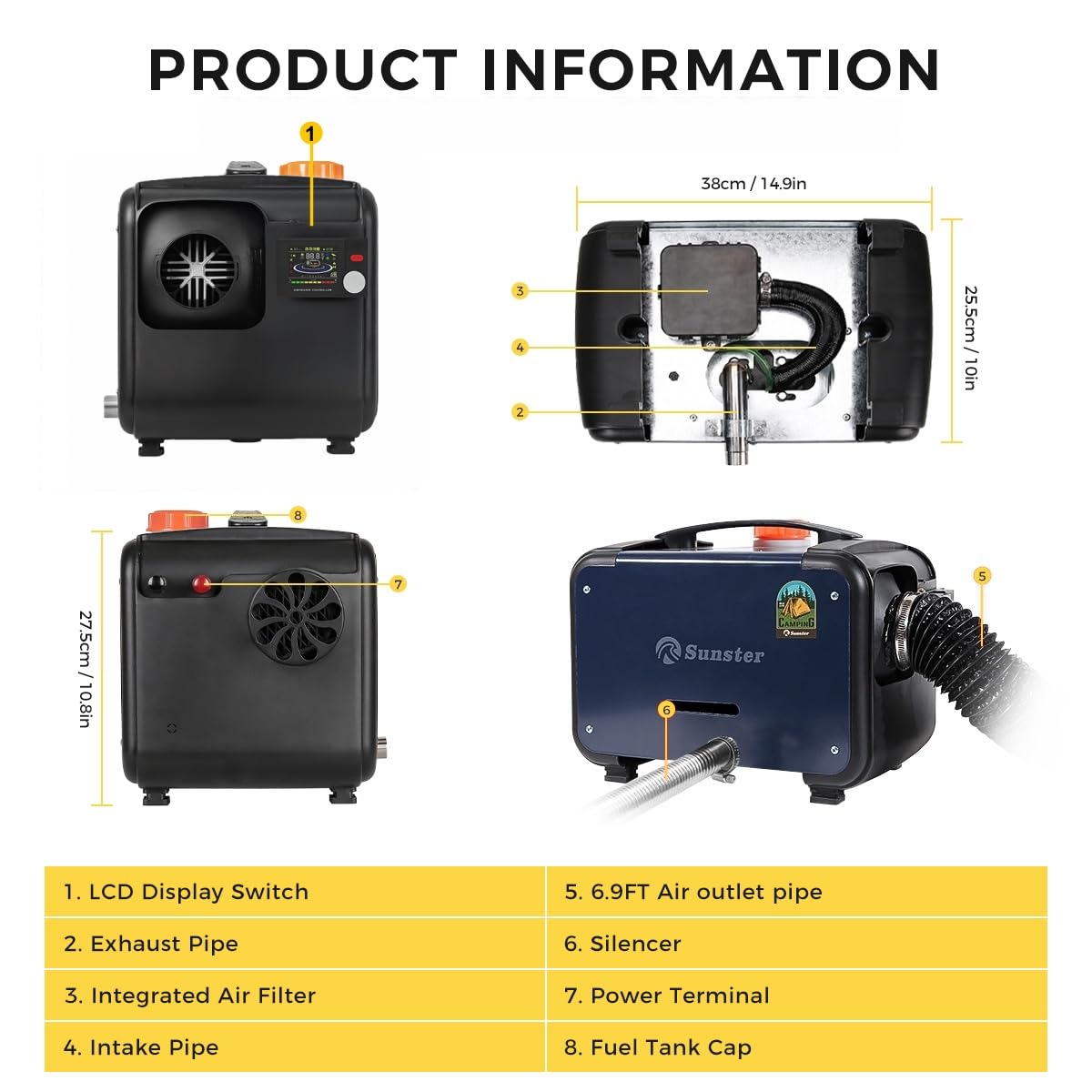 Sunster 8kW Luft Dieselheizung, 12V/24V /230V Diesel Standheizung 0,12–0,45 L/h mit Bluetooth APP & AC Power Adapter, Automatik-Start-Stopp, Tragbare Dieselheizung für LKW Transporter Wohnmobil