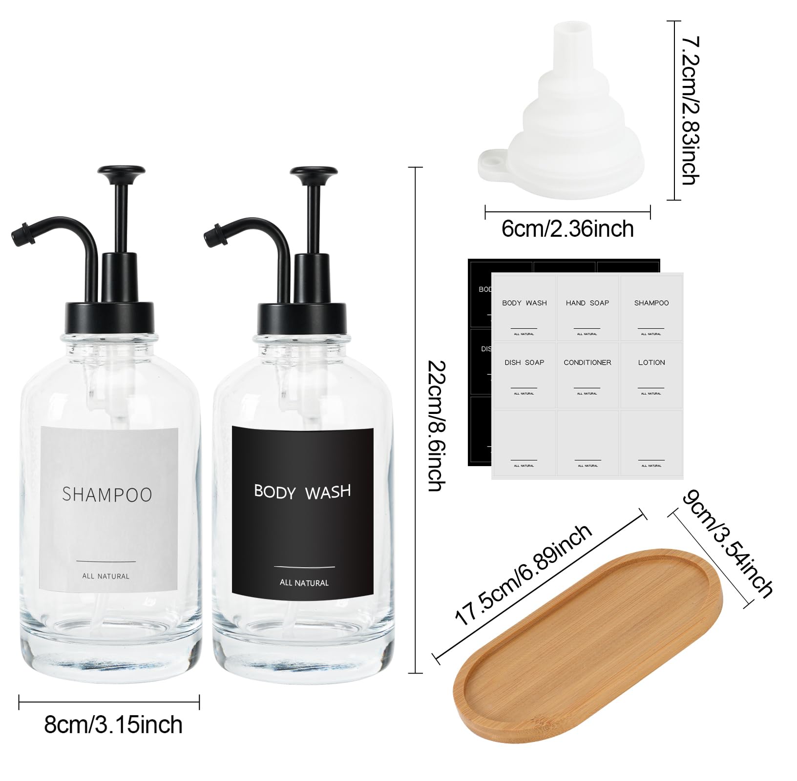 2 Pack Glass Soap Dispenser Set, 16.9oz/500ml Washing Up Liquid Dispenser with Bamboo Tray - Image 3