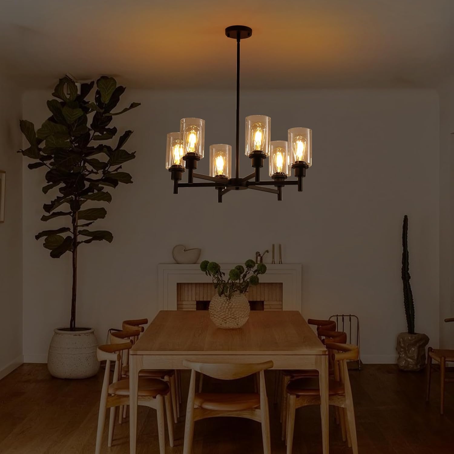 9MMML Farmhouse 6-Light Glass Chandelier, Modern Black Light Fixture for Kitchen Dining Room Over Table, Industrial Lighting for Living Room, Foyer, Entryway, E26 Bulb Base
