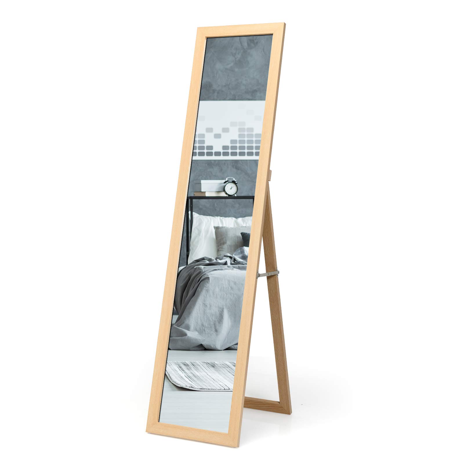 RELAX4LIFE Specchio a Figura Intera 2 in 1, da Terra e da Parete in Legno con Cornice Rettangolare, Inclinato da Pavimento, per Camera da Letto, Soggiorno e Ufficio (naturale)