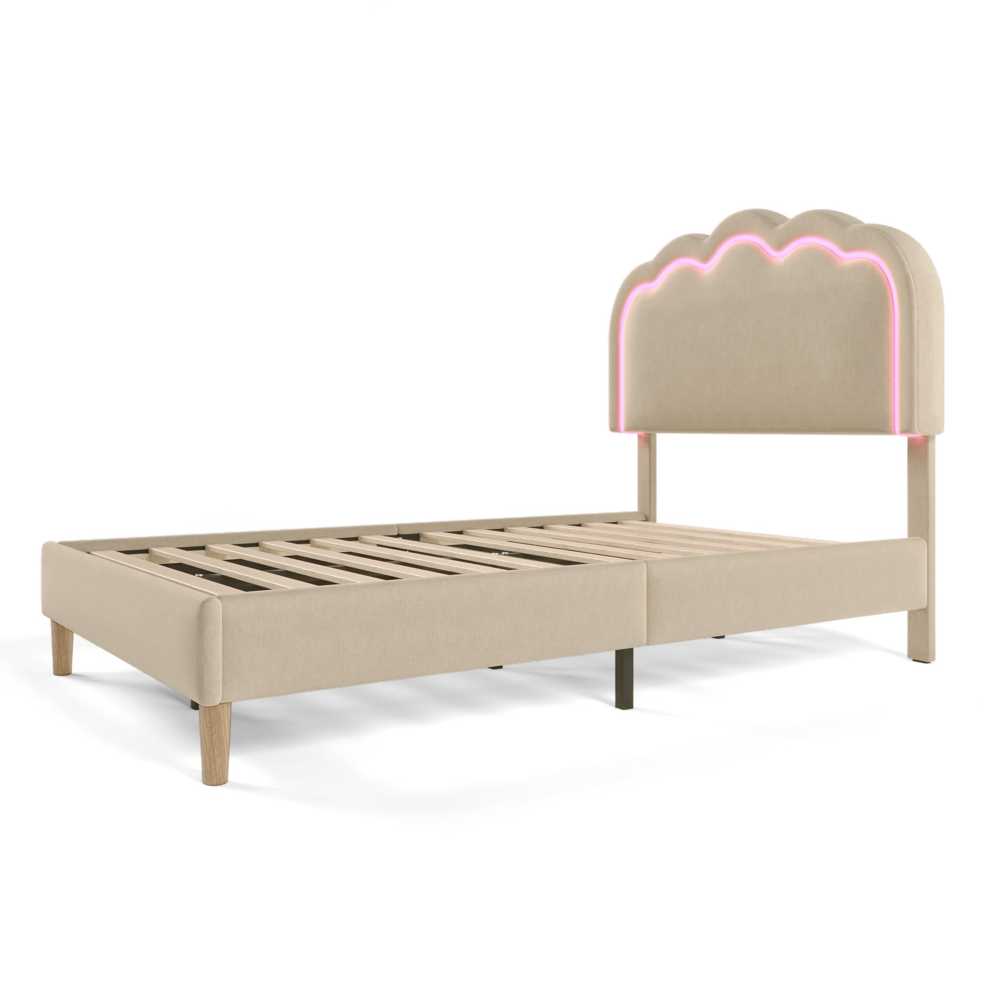Gecheer Letto con Testiera a LED, Pompon Letto Matrimoniale 90x200 cm, Rivestito in Lino Beige, con Luci LED Regolabili e Modalità Musica, Struttura Robusta, Altezza Regolabile, per Camera da Letto