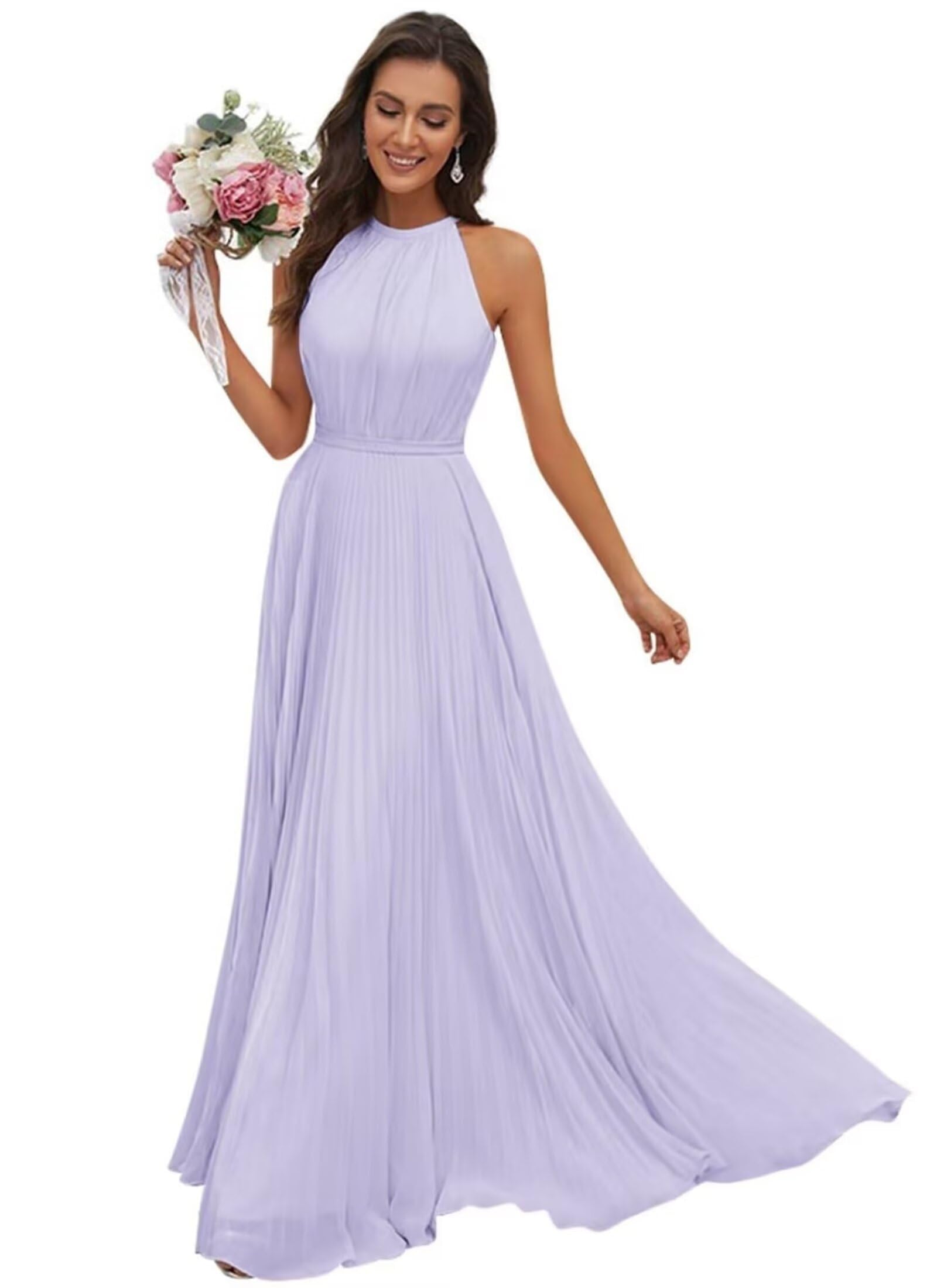 JAEDEN Abendkleid Damen Lang Elegant für Hochzeit Neckholder Brautjungfernkleider Chiffon Festliches Party Kleid Lavendel 36