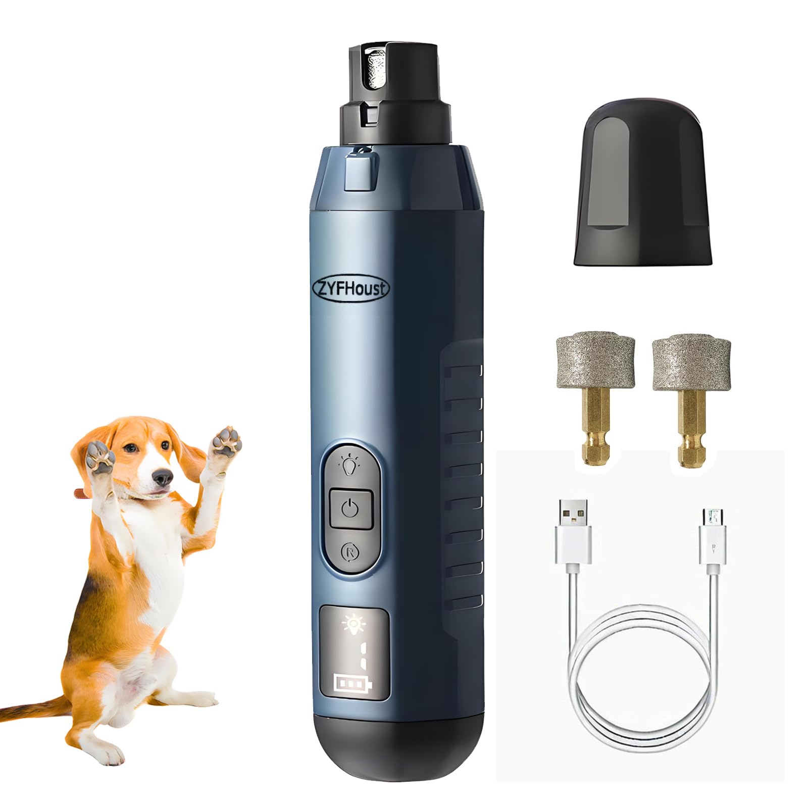 ZYFHOUST Dog Nail Trimmers, 5-Speed Professional Electric Dog Nail Grinder Quiet with 2 LED Lights, 2 Grinding Wheels for Large Medium Small Dogs and Cat (Blue)