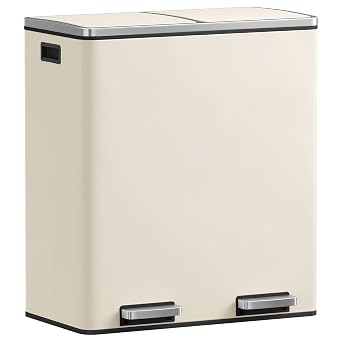 SONGMICS HOME Trash Can with 2 Compartments for Kitchen, Garbage Can with 15 Trash Bags, Beige