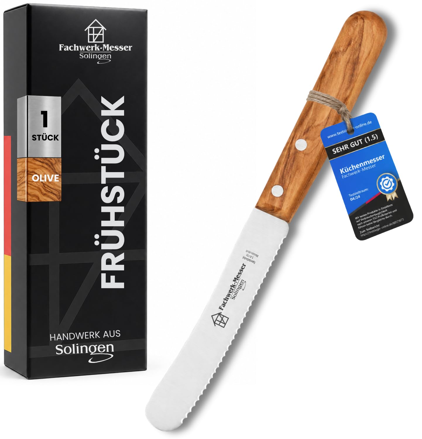 Buckelsmesser 6er-Set mit Wellenschliff - Testsieger - Frühstücksmesser aus Solingen/Germany - Brötchenmesser/Brotzeitmesser Olivenholz