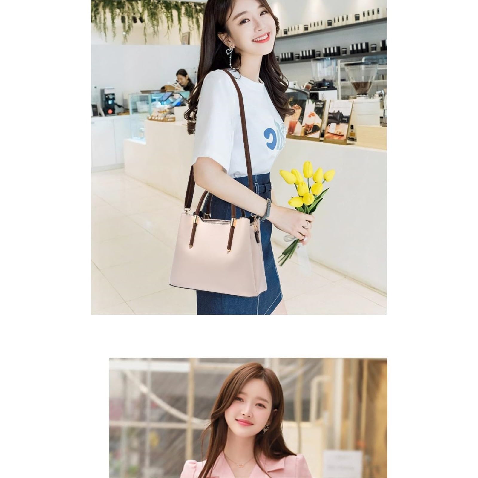 LKSCY - Bolso de mano de piel sintética de gran capacidad para mujer, con asa de contraste y correa cruzada extraíble para viajes de trabajo