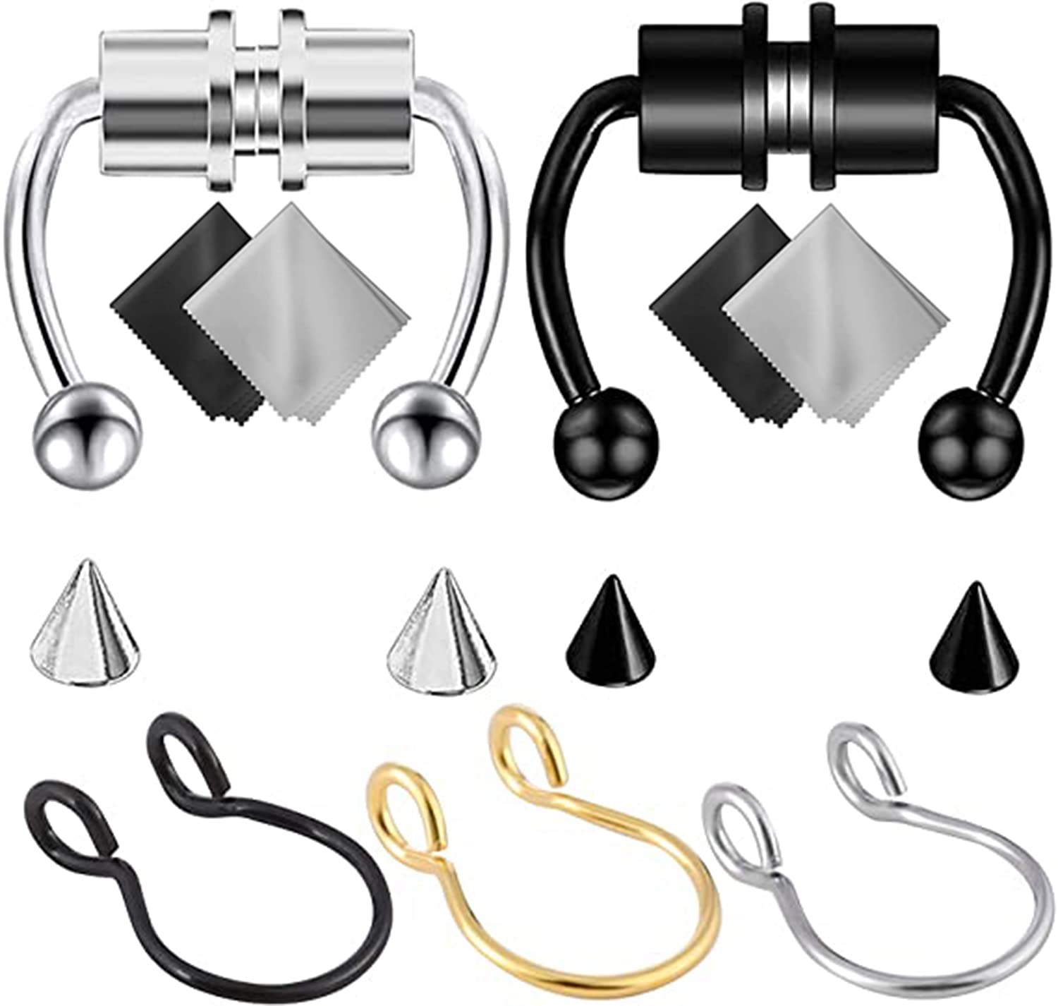9 Pack Nose Rings Fake, Wipe Cloth Stainless Steel Faux Piercing Jewelry Fake Nose Ring Horseshoe Clip-on Circle Hoop No Pierced Septum Nose Ring Women Men
