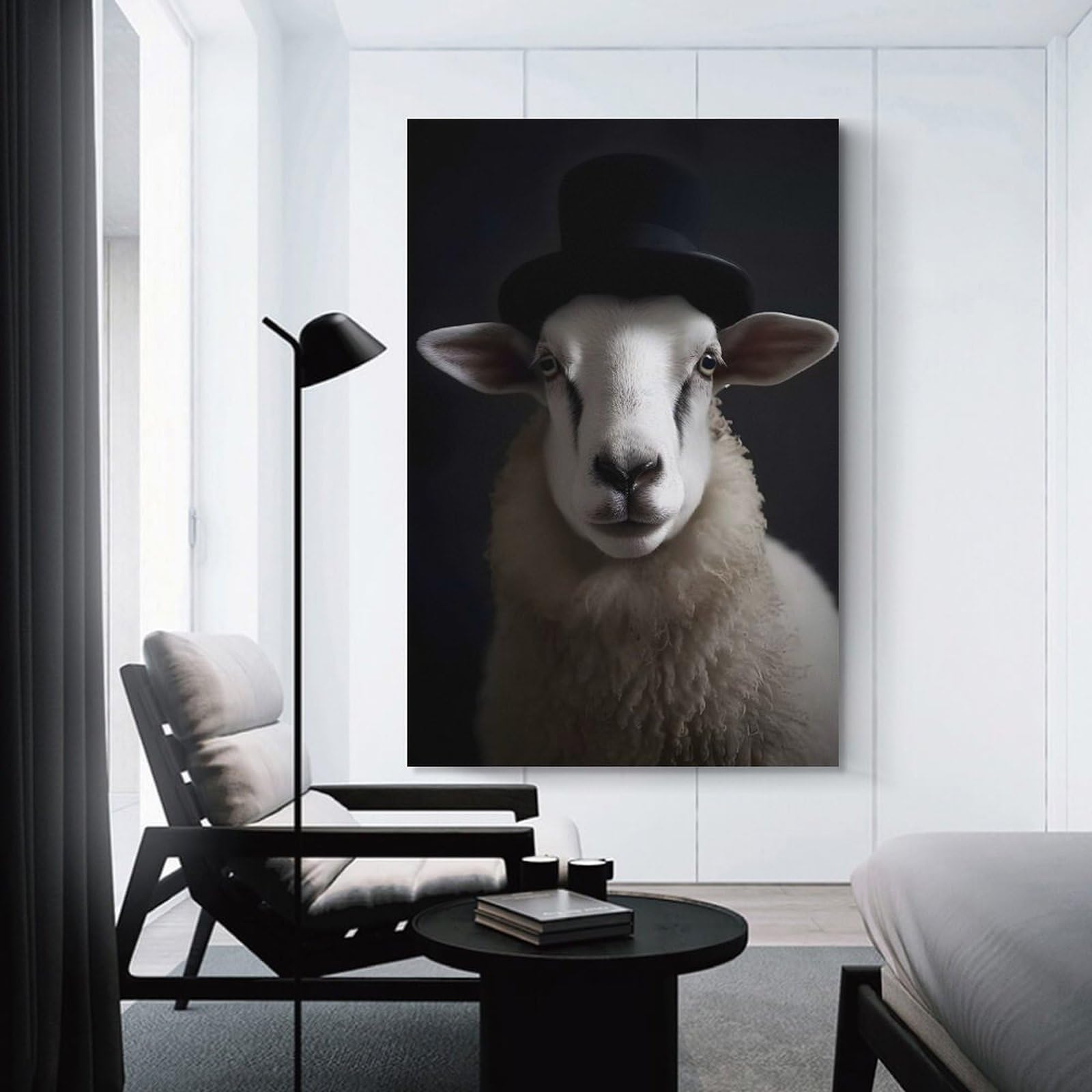 Junmoney Sheep with Top Hat Hanging Wall Art 16x24inch(40x60cm), for New Homes, Bedrooms Or Workspaces, Thoughtful Wall Decor for Art Lovers