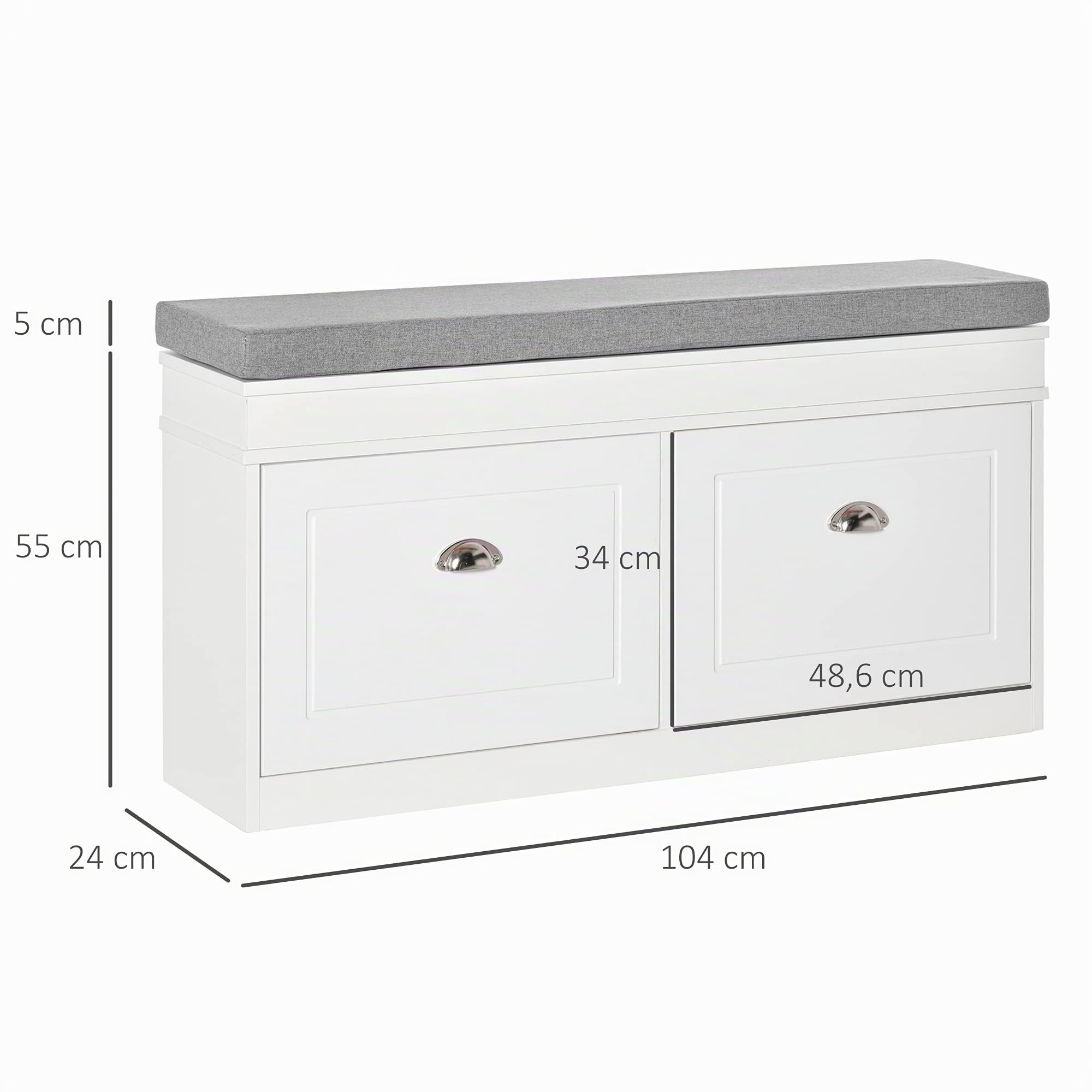 HOMCOM Banco Zapatero Banco de Almacenamiento para 8 Pares de Zapatos con 2 Cajones Estantes Ajustables y Cojín Acolchado para Entrada Pasillo 104x24x55 cm Blanco