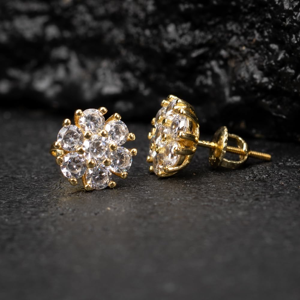 Trendy Flower Cluster Mens Women 14k Yellow Gold Plated 925 Sterling Silver Screw Back Post Hip Hop Round Shape Iced 5A CZ Circle Earrings Jewelry Gifts For Men Women - Image 5