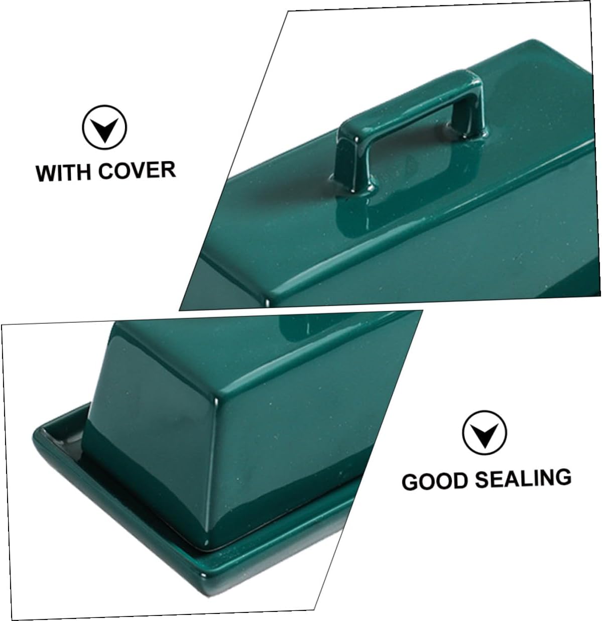 Ceramic Butter Tray with Lid Food Serving Dish for Refrigerator Storage Airtight Covered Butter Keeper for Cheese Bread Snacks Countertop Use Glossy Emerald Tone