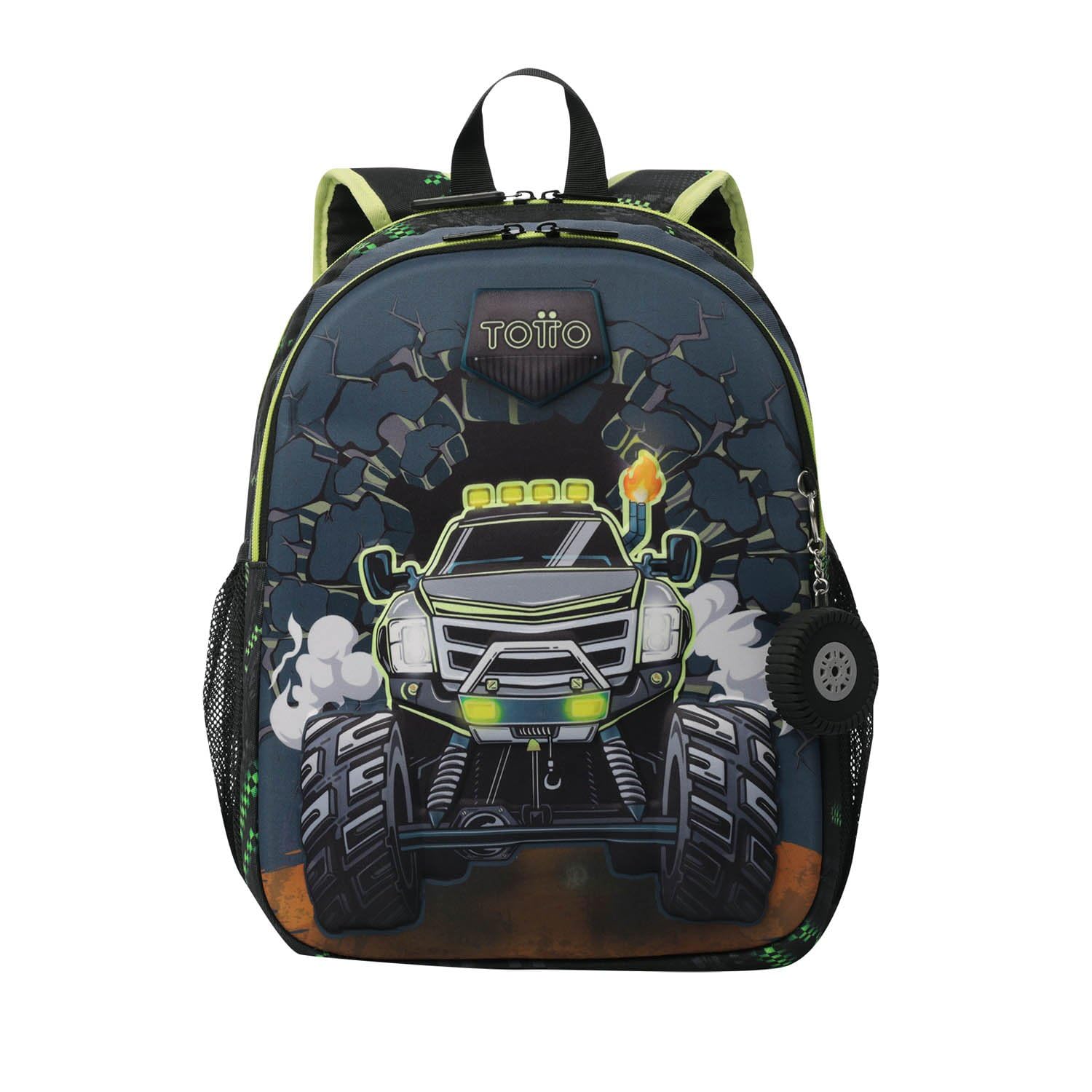 TOTTO - Mochila Infantil, Modelo Monster Race M, Mochila Mediana, Capacidad 12 L, 2 Compartimentos, 2 Bolsillos Botella, Organizador Interno, Correas Acolchadas, Resistente y Duradera, Color Negro